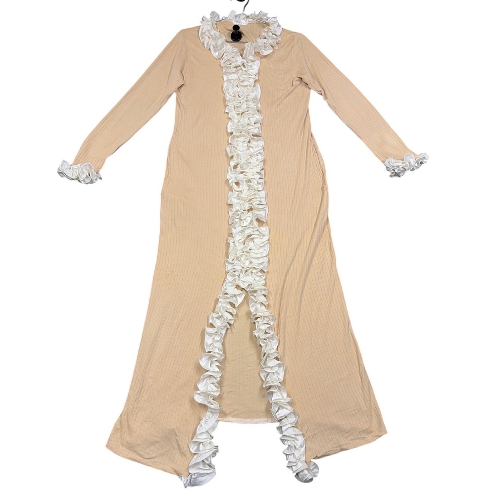 Maria Scotto Maxi Dress Womens S Beige Ruffle Trim Ribbed Knit Made in Italy